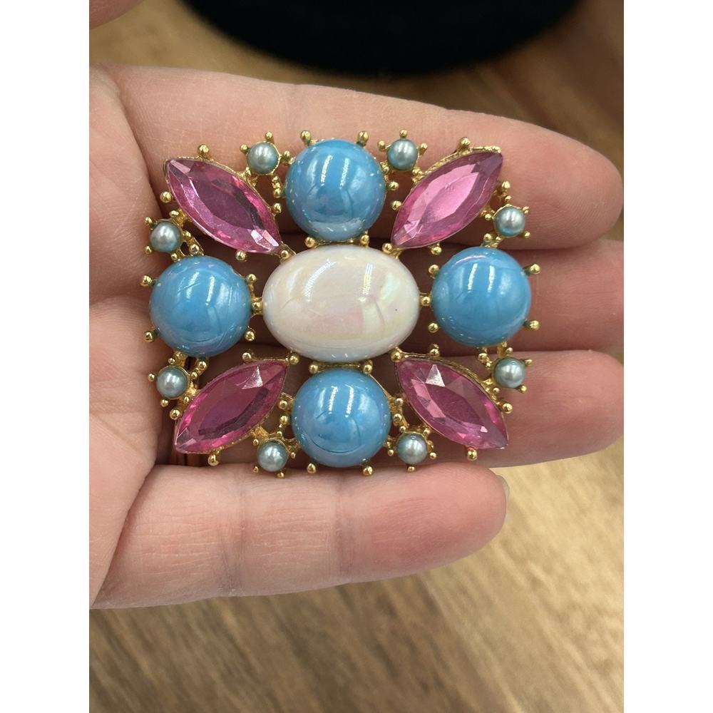 Vtg Cabachon Brooch Gold Tone Pink Blue White Easter Spring Pastel Colorful - Picture 3 of 7